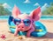 Pink pig swims in the sea, skis and lies on the beach