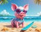 Pink pig swims in the sea, skis and lies on the beach