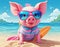 Pink pig swims in the sea, skis and lies on the beach