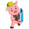 The pink pig uses the yellow and grey cap playing the piano
