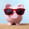 Pink piggy bank beach sunglasses sand travel money saving