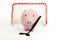 Pink piggy bank with black hockey stick and black hockey puck and red hockey gate with white net on white background