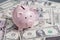 Pink piggy bank or coin bank on pile of US dollar banknotes money, investment growth, financial background or saving deposit