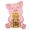 Pink piggy bank collects gold coins. with isolated white background, the pig bite the coin.