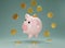 Pink piggy bank floating in the air surrounded by gold coins. Cashless society concept. Growth, income, savings, investment.