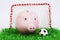 Pink piggy bank with football ball on green field with gate on white background