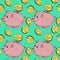 Pink piggy bank with golden coins pour into it, hand drawn doodle sketch, seamless pattern design on bright green