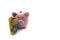 Pink piggy bank with golden crown and stack of Australian 50 dollars banknotes in front  over white background