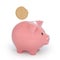 Pink piggy bank and one coin on white background. Accumulation concept. 3d rendering.