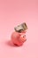 Pink piggy bank with one dollar on a pink background