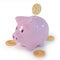 Pink piggy bank and one golden bitcoins on white background. Accumulation concept. 3d rendering.
