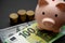 Pink piggy bank and a stack of dollars, euros and coins on a black background.