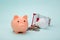 Pink piggy bank, trolley and light bulb on coins, power savings concept