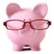 Pink piggy bank wearing glasses isolated white old age pension concept