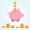 Pink piggy bank in which fly golden coins dollar euro and pound. Near lie stacks of coins. Infographics