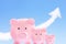 Pink piggy banks with sky and cloud arrow