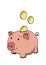 Pink piggy moneybox with coins. Saving money concept. Line colored vector illustration. Isolated on white background