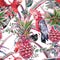 Pink pineapple, parrot hand drawn watercolor seamless pattern