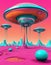 Pink planet with Orange hovering UFO