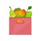 Pink plastic box with tasty fruits. Juicy persimmon, apple, mango and pear. Ripe and fresh food. Flat vector icon