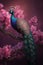A pink plum blossom,A beautiful peacock stands on a flower branch, Peacock with colorful feathers. Generative AI
