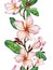 Pink plumeria flower on a twig. Border illustration. Seamless floral pattern. Isolated on white background. Watercolor painting.