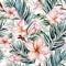 Pink plumeria flowers and exotic palm leaves in seamless tropical pattern. White background. Watercolor painting.