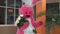 Pink Plush Rabbit Costume with Roses Stroking the Palm Leaves