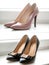 Pink pointy patent female heels at the upper part of the frame,