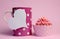 Pink polka dot coffee mug with pink cupcake and blank white heart shape gift tag