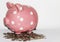 Pink Polka dot piggy bank with coins and bills underneath