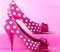 Pink polka dot stiletto heel shoes.