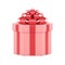 Pink polygonal gift box wrapped by red luxury bow ribbon 3d vector illustration