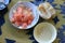 Pink pomelo grapefruit in white dish