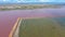 Pink pond in France separated the road from the lagoons for evaporation of salt.