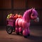 Pink pony, small fluffy horse carries cart with vegetables and fruits, cartoon style, for advertising natural healthy products