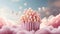 Pink popcorn in blurry fairy clouds. Movie theater concept for kids. AI