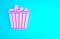 Pink Popcorn in cardboard box icon isolated on blue background. Popcorn bucket box. Minimalism concept. 3d illustration