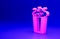 Pink Popcorn in cardboard box icon isolated on blue background. Popcorn bucket box. Minimalism concept. 3D render