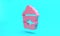 Pink Popcorn in cardboard box icon isolated on turquoise blue background. Popcorn bucket box. Minimalism concept. 3D