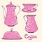 Pink porcelain service with twisted ornament, coffee pot, sugar bowl, cup and saucer, creamer, hand drawn doodle, simple sketch