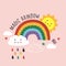 Pink poster with magic rainbow, cloud, bird and sun