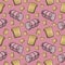 Pink print, Delicious pink boiled sausage and sandwich bread toasts, seamless square pattern