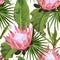 Pink protea. Seamless floral pattern with violet glossy flowers and anthurium and palm leaves.