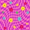 Pink psychedelic squares geometric pattern with flowers