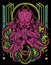 Pink purple colour Cybernetic octopus monster with green modern sacred geometry background