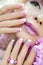 Pink purple French manicure and makeup.