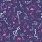 Pink and purple musical seamless pattern. Playful repetitive background with music notes and dots
