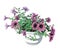 Pink and purple petunia flowers in a white pot