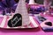 Pink and purple theme party table setting decorations